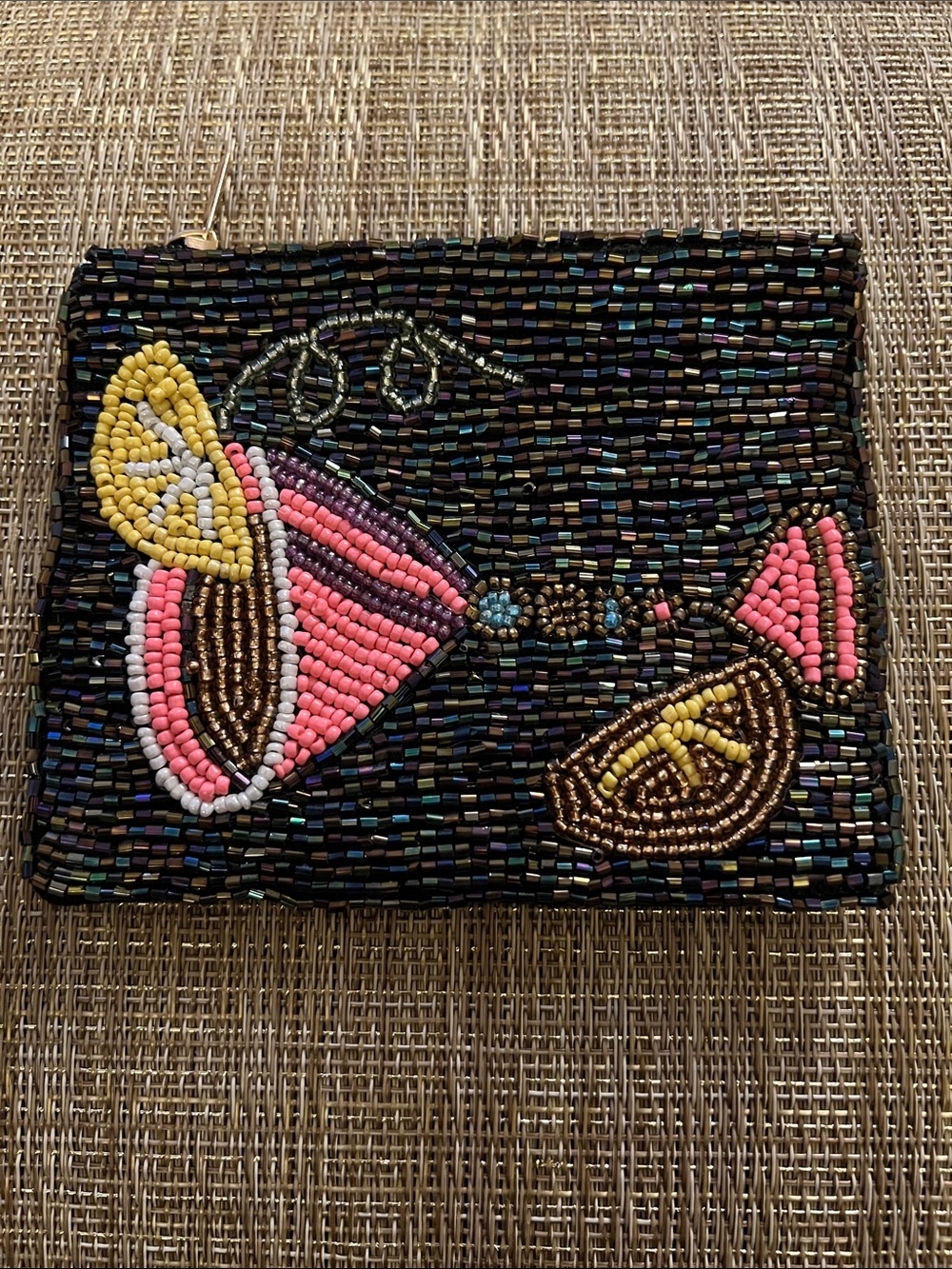 Beaded Floral Accent Wristlet Pouch in Black and Pink